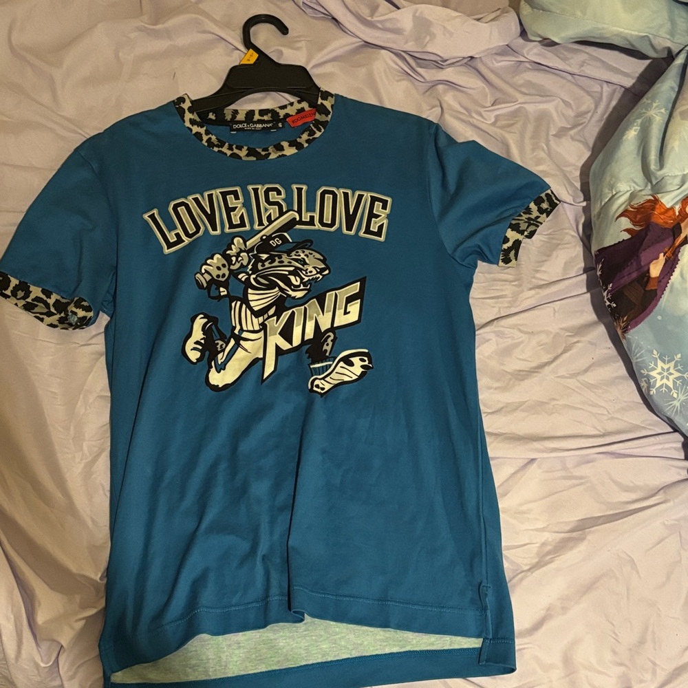 Dolce & Gabbana Blue Graphic Tee with Leopard Accents